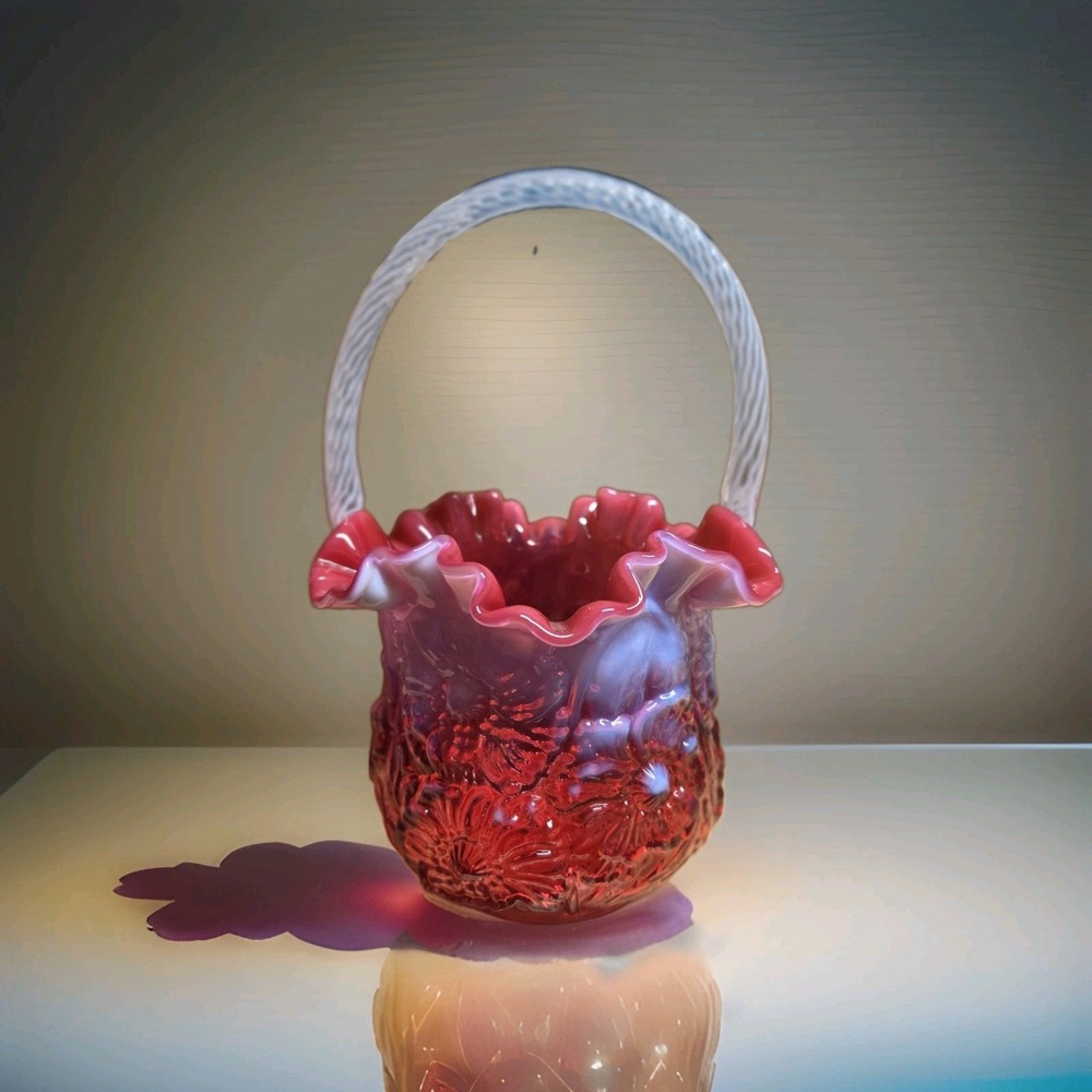 Fenton Embossed Cranberry Opalescent Victorian Language Of Flowers Poppy Basket